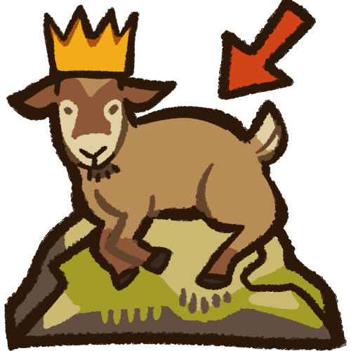 a light brown goat lays atop a grayish, mossy rock. The goat wears a golden crown, and they are looking straight ahead. There is a red arrow pointing at the goat from the top right corner.